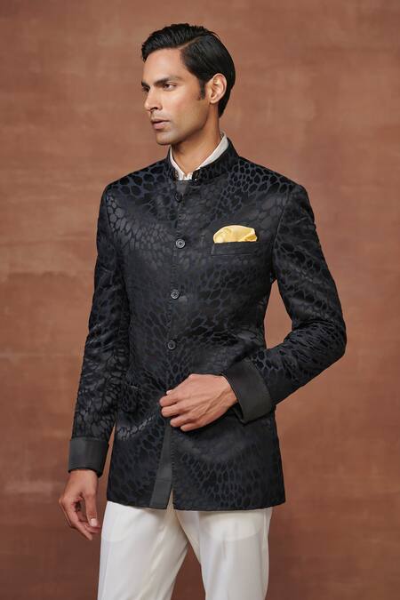 Raghavendra Rathore Jodhpur_Black Jacquard Regal Elegance Bespoke Leopard Woven Bandhgala _Online_at_Aza_Fashions