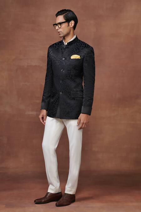 Buy_Raghavendra Rathore Jodhpur_Black Jacquard Regal Elegance Bespoke Leopard Woven Bandhgala _Online_at_Aza_Fashions