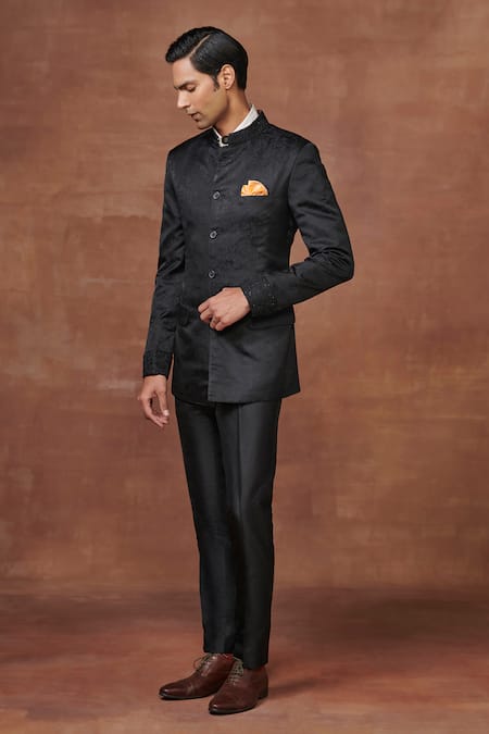 Raghavendra Rathore Jodhpur_Black Jacquard Embroidery Sovereign Floral Woven Bandhgala _Online_at_Aza_Fashions