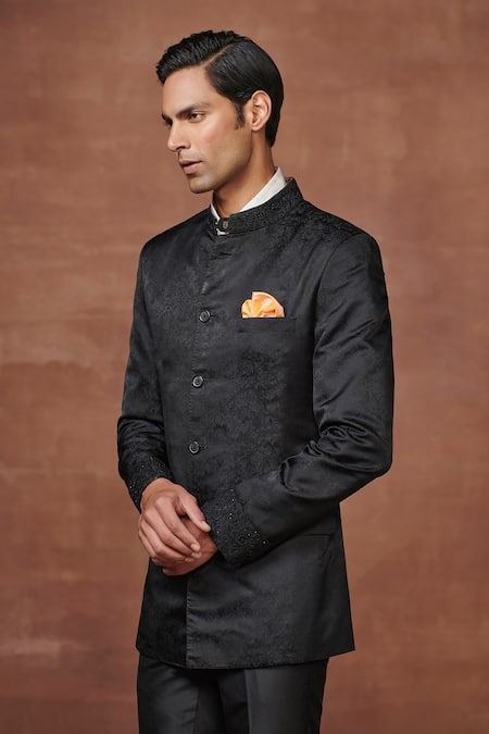 Buy_Raghavendra Rathore Jodhpur_Black Jacquard Embroidery Sovereign Floral Woven Bandhgala _Online_at_Aza_Fashions