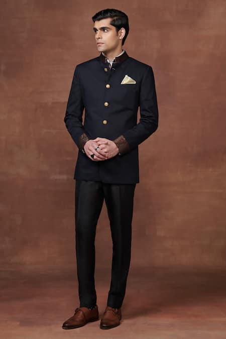 Buy_Raghavendra Rathore Jodhpur_Blue Satin Regal Noir The Epitome Of Bespoke Elegance Bandhgala _Online_at_Aza_Fashions