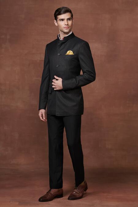 Raghavendra Rathore Jodhpur_Black Wool Zari Gilded Grandeur Pipe Work Bandhgala _Online_at_Aza_Fashions
