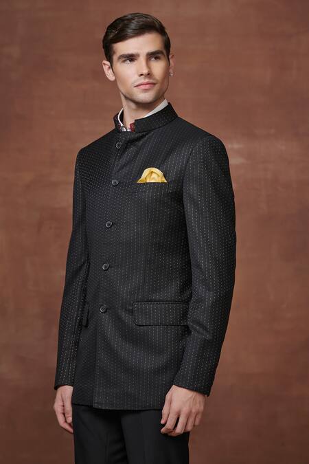 Buy_Raghavendra Rathore Jodhpur_Black Wool Zari Gilded Grandeur Pipe Work Bandhgala _Online_at_Aza_Fashions