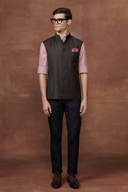 Raghavendra Rathore Jodhpur Brown Wool Plain Safari Elegance Waistcoat 