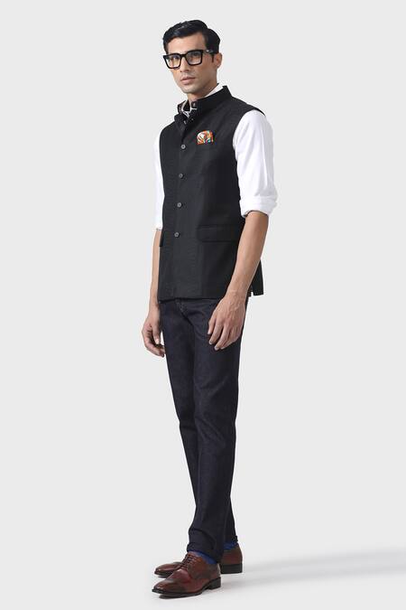 Raghavendra Rathore Jodhpur_Black Wool Timeless Sophistication Waistcoat _Online_at_Aza_Fashions