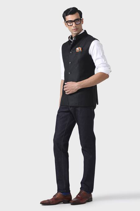 Buy_Raghavendra Rathore Jodhpur_Black Wool Timeless Sophistication Waistcoat _Online_at_Aza_Fashions