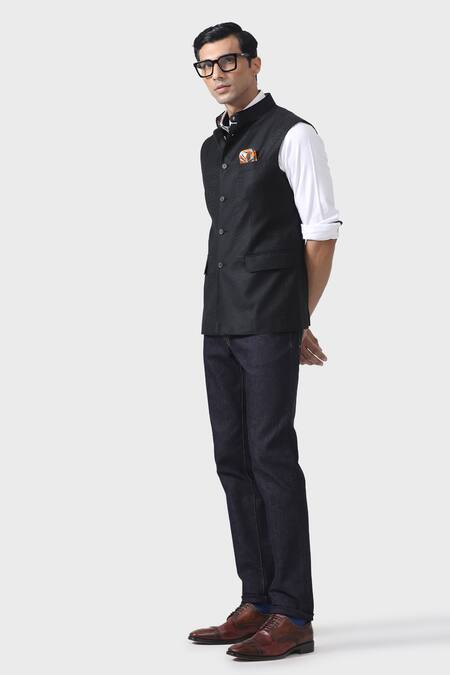 Shop_Raghavendra Rathore Jodhpur_Black Wool Timeless Sophistication Waistcoat _Online_at_Aza_Fashions