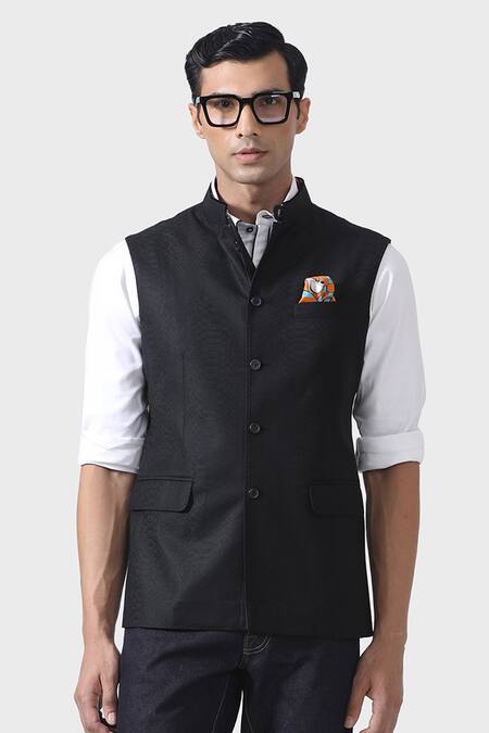 Raghavendra Rathore Jodhpur_Black Wool Timeless Sophistication Waistcoat _at_Aza_Fashions