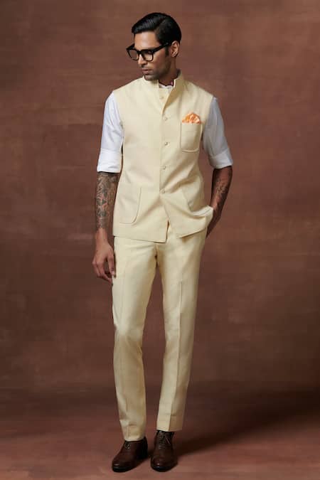 Raghavendra Rathore Jodhpur Cream Linen, Wool Embroidery Champagne Reverie Sartorial Waistcoat 