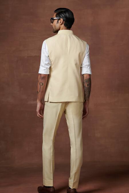 Shop Raghavendra Rathore Jodhpur Cream Linen, Wool Embroidery Champagne Reverie Sartorial Waistcoat at Aza Fashions Shop_Raghavendra Rathore Jodhpur_Cream Linen, Wool Embroidery Champagne Reverie Sartorial Waistcoat _at_Aza_Fashions