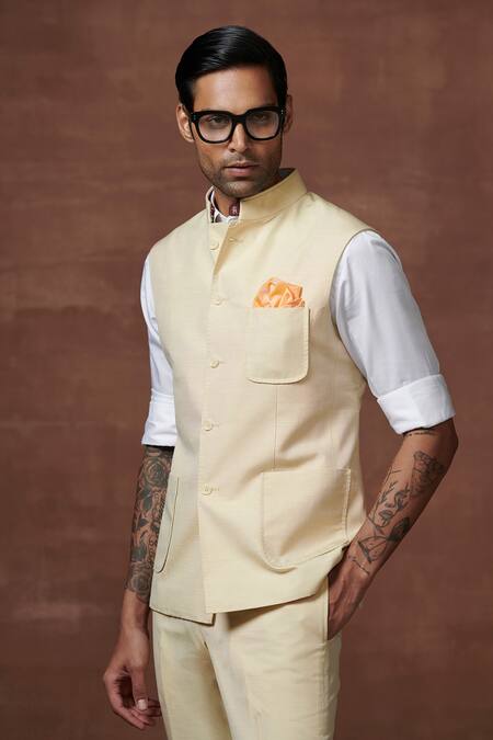 Raghavendra Rathore Jodhpur Cream Linen, Wool Embroidery Champagne Reverie Sartorial Waistcoat Online at Aza Fashions Raghavendra Rathore Jodhpur_Cream Linen, Wool Embroidery Champagne Reverie Sartorial Waistcoat _Online_at_Aza_Fashions