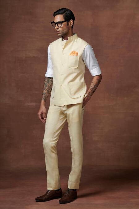 Shop Raghavendra Rathore Jodhpur Cream Linen, Wool Embroidery Champagne Reverie Sartorial Waistcoat Online at Aza Fashions Shop_Raghavendra Rathore Jodhpur_Cream Linen, Wool Embroidery Champagne Reverie Sartorial Waistcoat _Online_at_Aza_Fashions