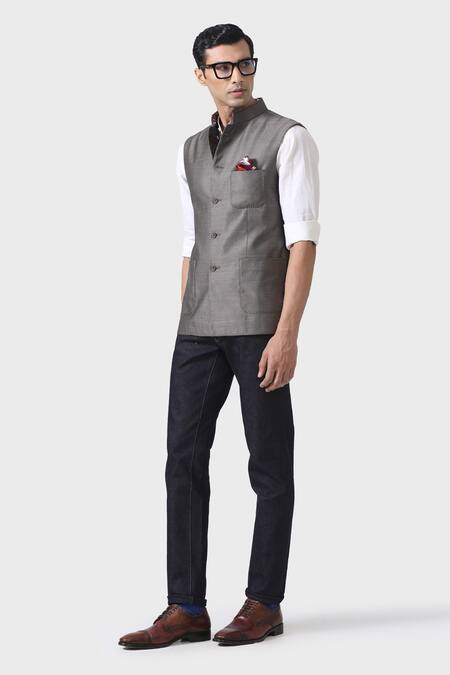 Buy_Raghavendra Rathore Jodhpur_Grey Wool Connoisseurs The Waistcoat _Online_at_Aza_Fashions