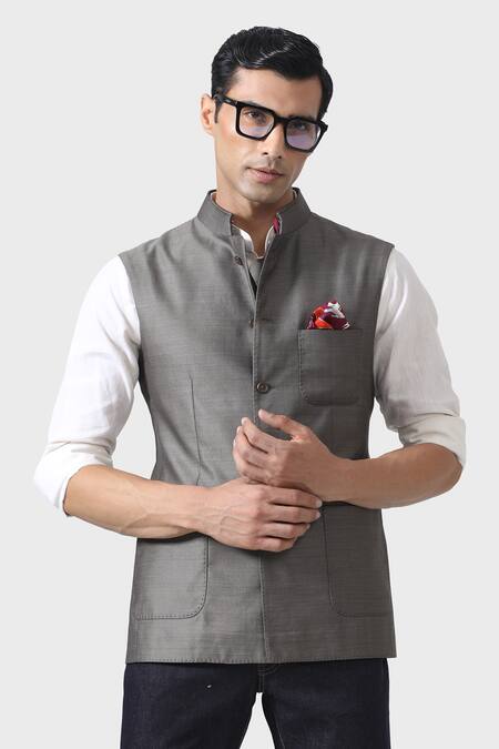 Shop_Raghavendra Rathore Jodhpur_Grey Wool Connoisseurs The Waistcoat _Online_at_Aza_Fashions