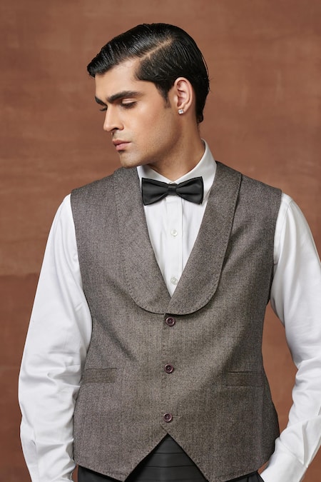 Buy_Raghavendra Rathore Jodhpur_Grey Wool Serenade V-shaped Dinner Waistcoat _Online_at_Aza_Fashions
