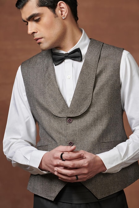 Shop_Raghavendra Rathore Jodhpur_Grey Wool Serenade V-shaped Dinner Waistcoat _Online_at_Aza_Fashions