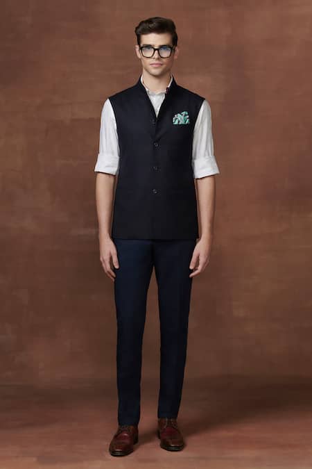 Raghavendra Rathore Jodhpur Blue Wool Serenity Waistcoat Online at Aza Fashions Raghavendra Rathore Jodhpur_Blue Wool Serenity Waistcoat _Online_at_Aza_Fashions