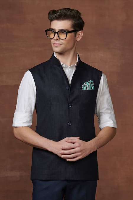 Buy Raghavendra Rathore Jodhpur Blue Wool Serenity Waistcoat Online at Aza Fashions Buy_Raghavendra Rathore Jodhpur_Blue Wool Serenity Waistcoat _Online_at_Aza_Fashions