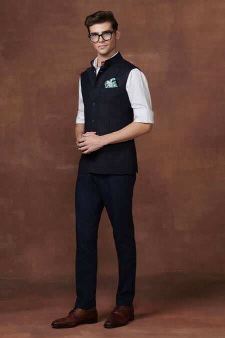 Shop Raghavendra Rathore Jodhpur Blue Wool Serenity Waistcoat Online at Aza Fashions Shop_Raghavendra Rathore Jodhpur_Blue Wool Serenity Waistcoat _Online_at_Aza_Fashions