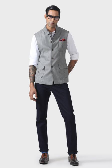 Buy_Raghavendra Rathore Jodhpur_Grey Wool Refined Charm Waistcoat _Online_at_Aza_Fashions
