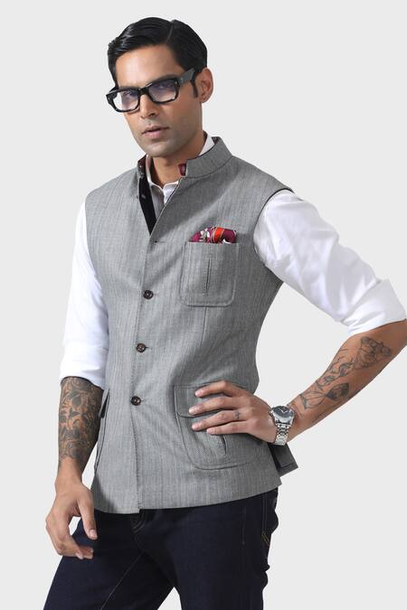 Raghavendra Rathore Jodhpur_Grey Wool Refined Charm Waistcoat _at_Aza_Fashions