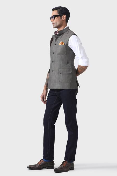Raghavendra Rathore Jodhpur_Grey Wool Sartorial Splendour Timeless Waistcoat _Online_at_Aza_Fashions