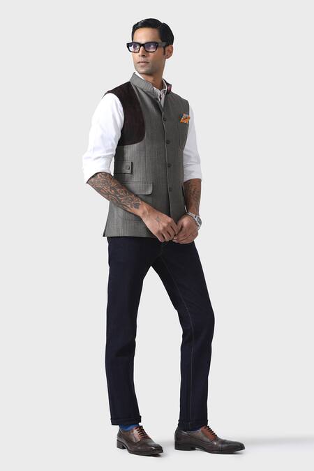 Buy_Raghavendra Rathore Jodhpur_Grey Wool Sartorial Splendour Timeless Waistcoat _Online_at_Aza_Fashions