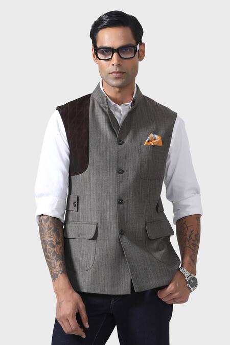 Shop_Raghavendra Rathore Jodhpur_Grey Wool Sartorial Splendour Timeless Waistcoat _Online_at_Aza_Fashions