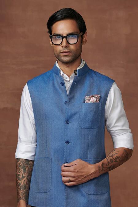 Raghavendra Rathore Jodhpur Blue Wool The Azzure Suave Waistcoat Online at Aza Fashions Raghavendra Rathore Jodhpur_Blue Wool The Azzure Suave Waistcoat _Online_at_Aza_Fashions