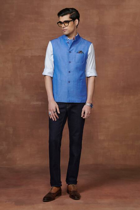 Shop Raghavendra Rathore Jodhpur Blue Wool The Asmani Charm Waistcoat at Aza Fashions Shop_Raghavendra Rathore Jodhpur_Blue Wool The Asmani Charm Waistcoat _at_Aza_Fashions