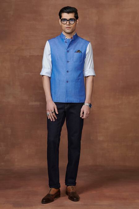 Raghavendra Rathore Jodhpur Blue Wool The Asmani Charm Waistcoat Online at Aza Fashions Raghavendra Rathore Jodhpur_Blue Wool The Asmani Charm Waistcoat _Online_at_Aza_Fashions