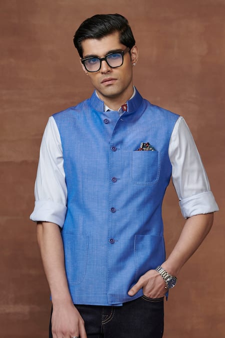 Buy Raghavendra Rathore Jodhpur Blue Wool The Asmani Charm Waistcoat Online at Aza Fashions Buy_Raghavendra Rathore Jodhpur_Blue Wool The Asmani Charm Waistcoat _Online_at_Aza_Fashions