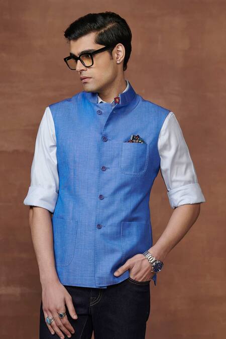 Shop Raghavendra Rathore Jodhpur Blue Wool The Asmani Charm Waistcoat Online at Aza Fashions Shop_Raghavendra Rathore Jodhpur_Blue Wool The Asmani Charm Waistcoat _Online_at_Aza_Fashions