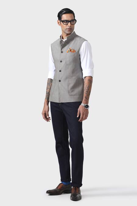Raghavendra Rathore Jodhpur_Grey Wool Embroidery Opulence In Every Thread Waistcoat _Online_at_Aza_Fashions