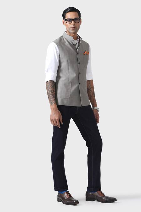 Buy_Raghavendra Rathore Jodhpur_Grey Wool Embroidery Opulence In Every Thread Waistcoat _Online_at_Aza_Fashions