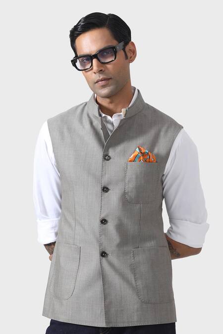Shop_Raghavendra Rathore Jodhpur_Grey Wool Embroidery Opulence In Every Thread Waistcoat _Online_at_Aza_Fashions