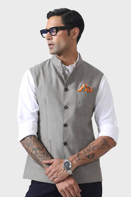 Raghavendra Rathore Jodhpur_Grey Wool Embroidery Opulence In Every Thread Waistcoat _at_Aza_Fashions