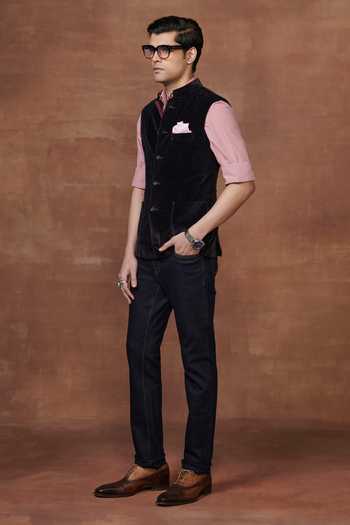 Raghavendra Rathore Jodhpur_Black Velvet Velour Piped Allure Waistcoat _Online_at_Aza_Fashions