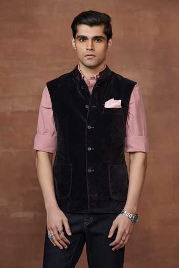 Buy_Raghavendra Rathore Jodhpur_Black Velvet Velour Piped Allure Waistcoat _Online_at_Aza_Fashions