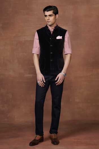 Shop_Raghavendra Rathore Jodhpur_Black Velvet Velour Piped Allure Waistcoat _Online_at_Aza_Fashions