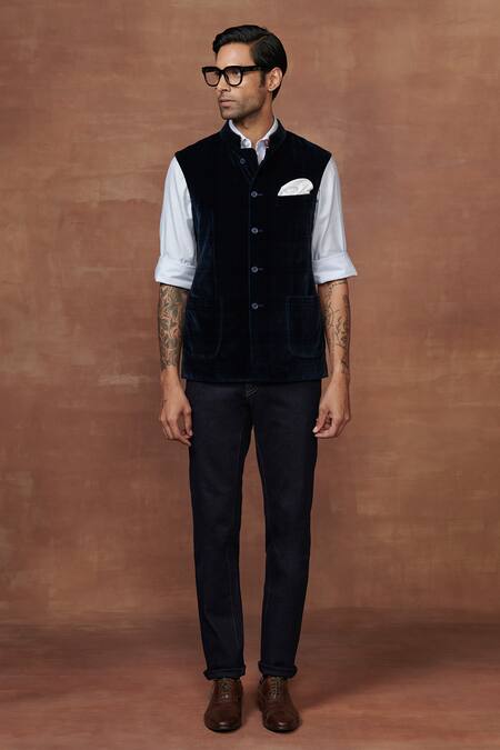 Raghavendra Rathore Jodhpur_Blue Velvet Epitome Of Elegance A Regal Waistcoat _Online_at_Aza_Fashions