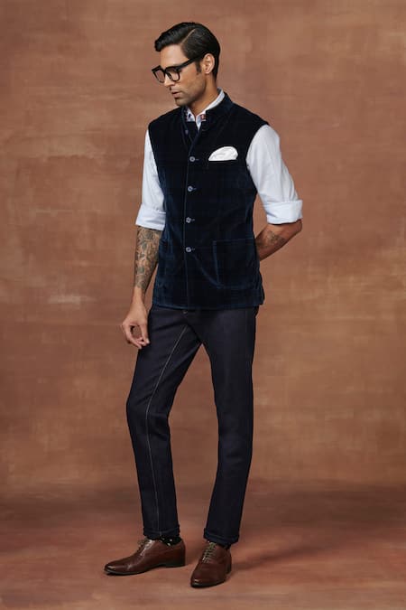 Buy_Raghavendra Rathore Jodhpur_Blue Velvet Epitome Of Elegance A Regal Waistcoat _Online_at_Aza_Fashions