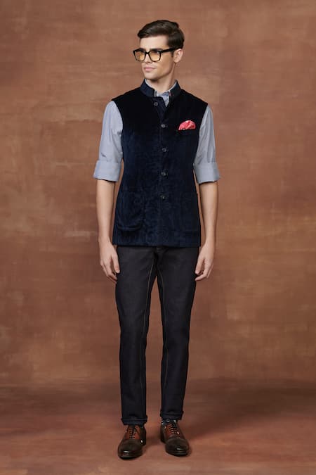 Raghavendra Rathore Jodhpur Blue Textured Velvet Plain Nocturnal Waistcoat 