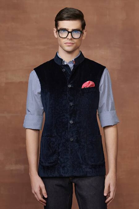 Raghavendra Rathore Jodhpur_Blue Velvet Nocturnal Textured Waistcoat _Online_at_Aza_Fashions