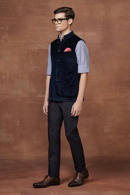 Buy_Raghavendra Rathore Jodhpur_Blue Velvet Nocturnal Textured Waistcoat _Online_at_Aza_Fashions