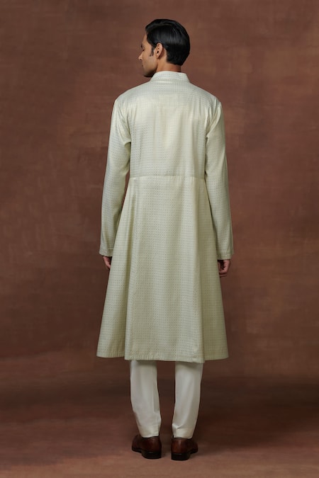 Shop Raghavendra Rathore Jodhpur Green Silk Embroidery Stripe Pattern Angarkha Kurta at Aza Fashions Shop_Raghavendra Rathore Jodhpur_Green Silk Embroidery Stripe Pattern Angarkha Kurta _at_Aza_Fashions