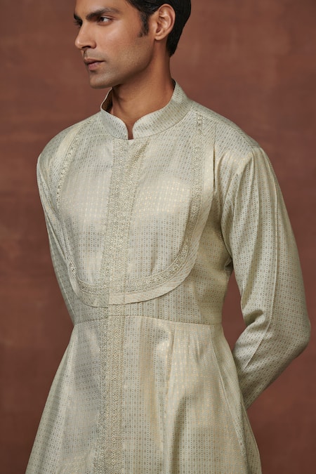 Raghavendra Rathore Jodhpur Green Silk Embroidery Stripe Pattern Angarkha Kurta Online at Aza Fashions Raghavendra Rathore Jodhpur_Green Silk Embroidery Stripe Pattern Angarkha Kurta _Online_at_Aza_Fashions