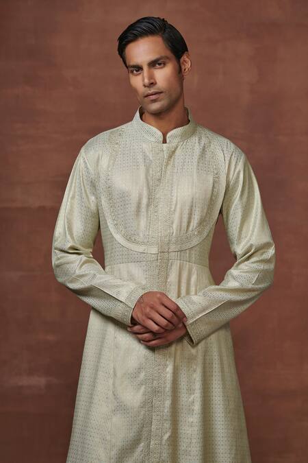 Buy Raghavendra Rathore Jodhpur Green Silk Embroidery Stripe Pattern Angarkha Kurta Online at Aza Fashions Buy_Raghavendra Rathore Jodhpur_Green Silk Embroidery Stripe Pattern Angarkha Kurta _Online_at_Aza_Fashions