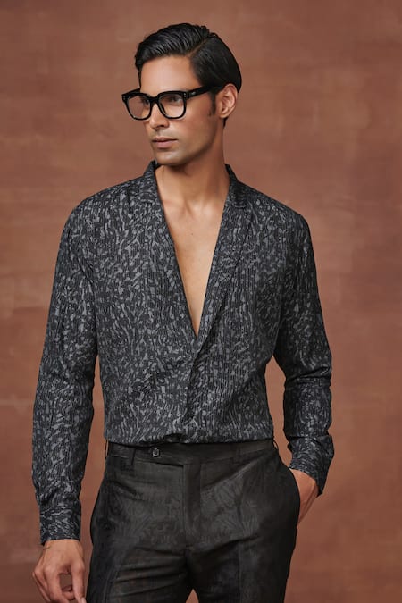 Raghavendra Rathore Jodhpur_Black Silk Embroidery Abstract Print Shirt _Online_at_Aza_Fashions