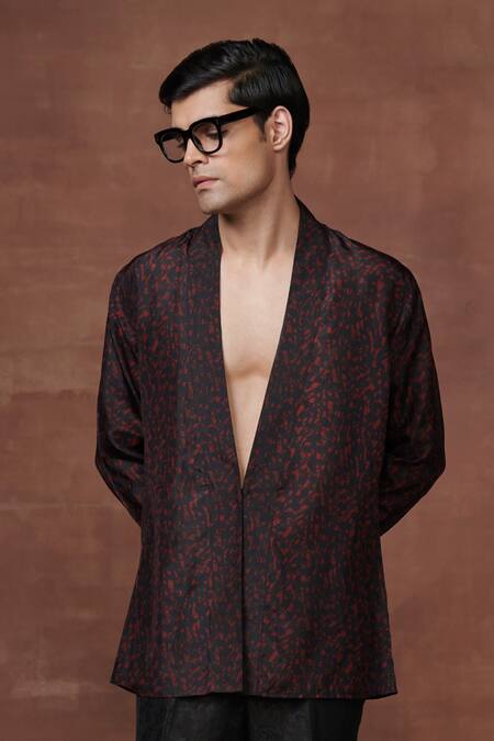 Raghavendra Rathore Jodhpur_Black Silk Embroidery Abstract Print Lapel Collar Shirt _Online_at_Aza_Fashions